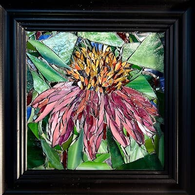 A painting of a flower with green leaves in the background.