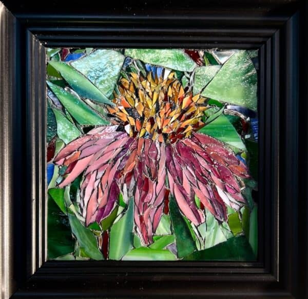 A painting of a flower with green leaves in the background.