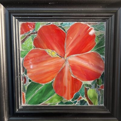 A painting of a red flower with green leaves.