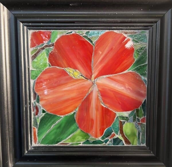 A painting of a red flower with green leaves.