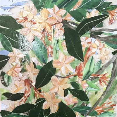 A painting of flowers and leaves on the ground.