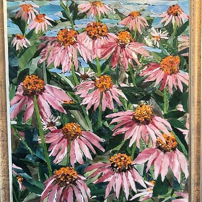 A painting of pink flowers in the grass.