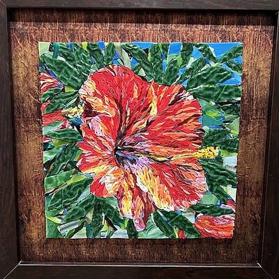 A painting of a red flower with green leaves.